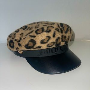 New with Tags Juicy Couture Black Leather Leopard Print Paperboy Hat